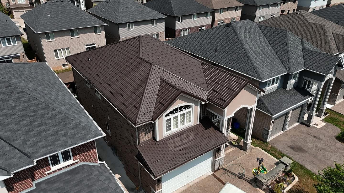 Warm brown metal roof in its residential context